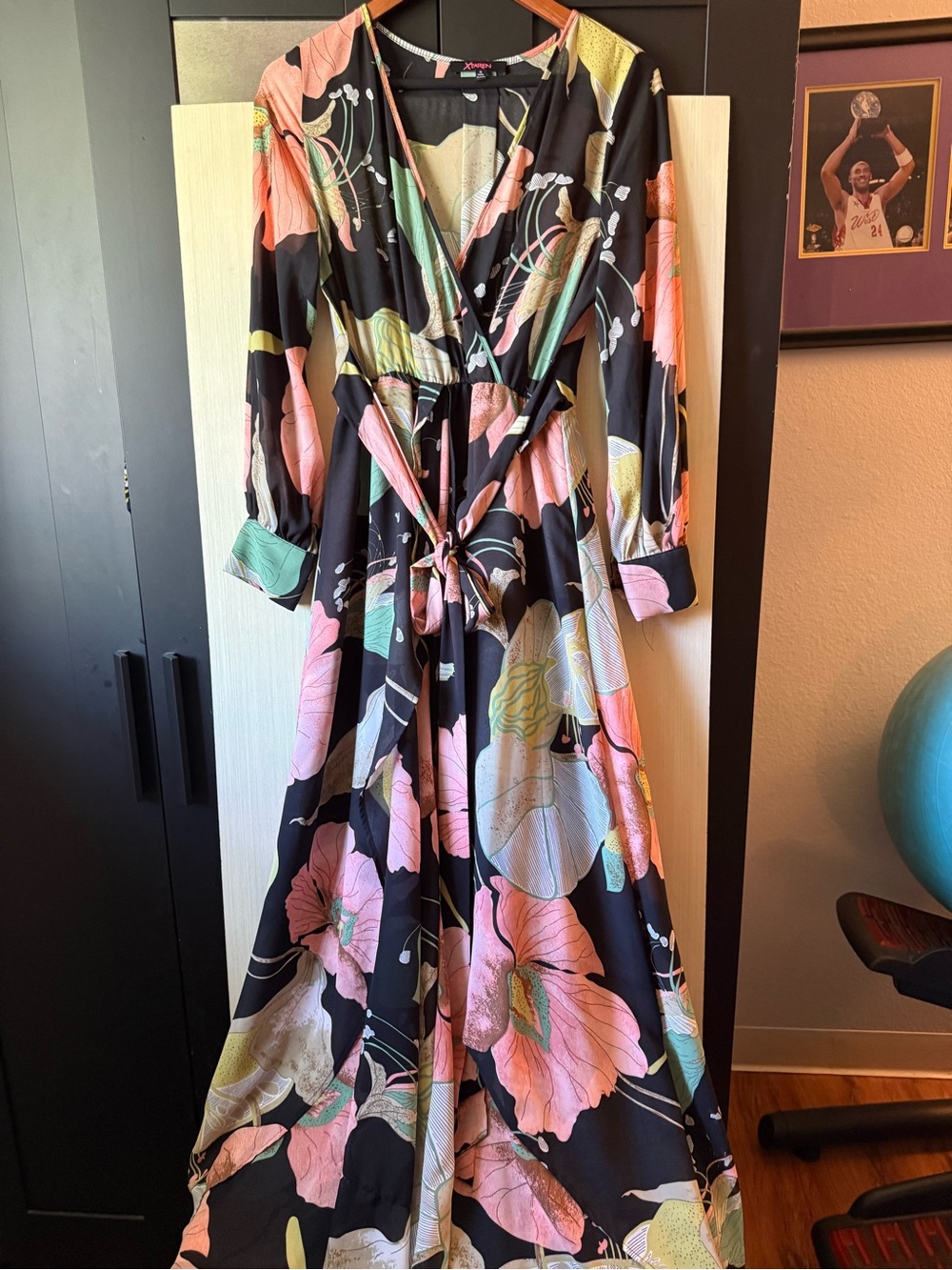 XTaren Floral Wrap Maxi Dress in Black and Pink